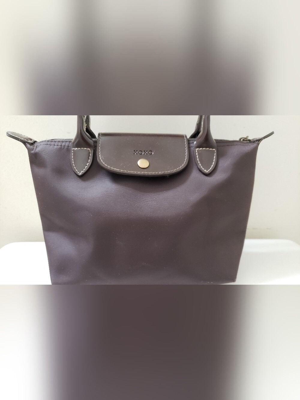 Longchamp Inspired Small Dark Brown Structured Nylon Tote